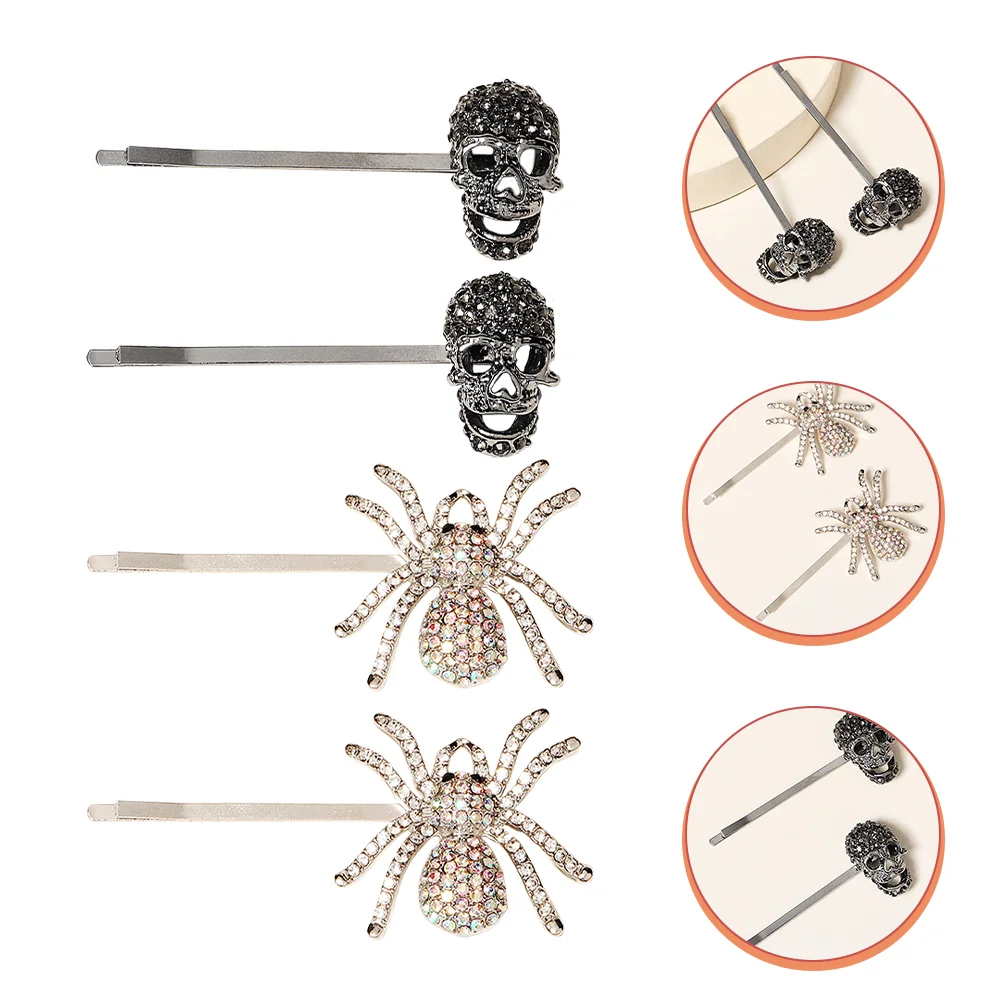 

2 Pairs Halloween Hair Clips Goth Gothic Accessories Skull Crystal Bangs Banquet