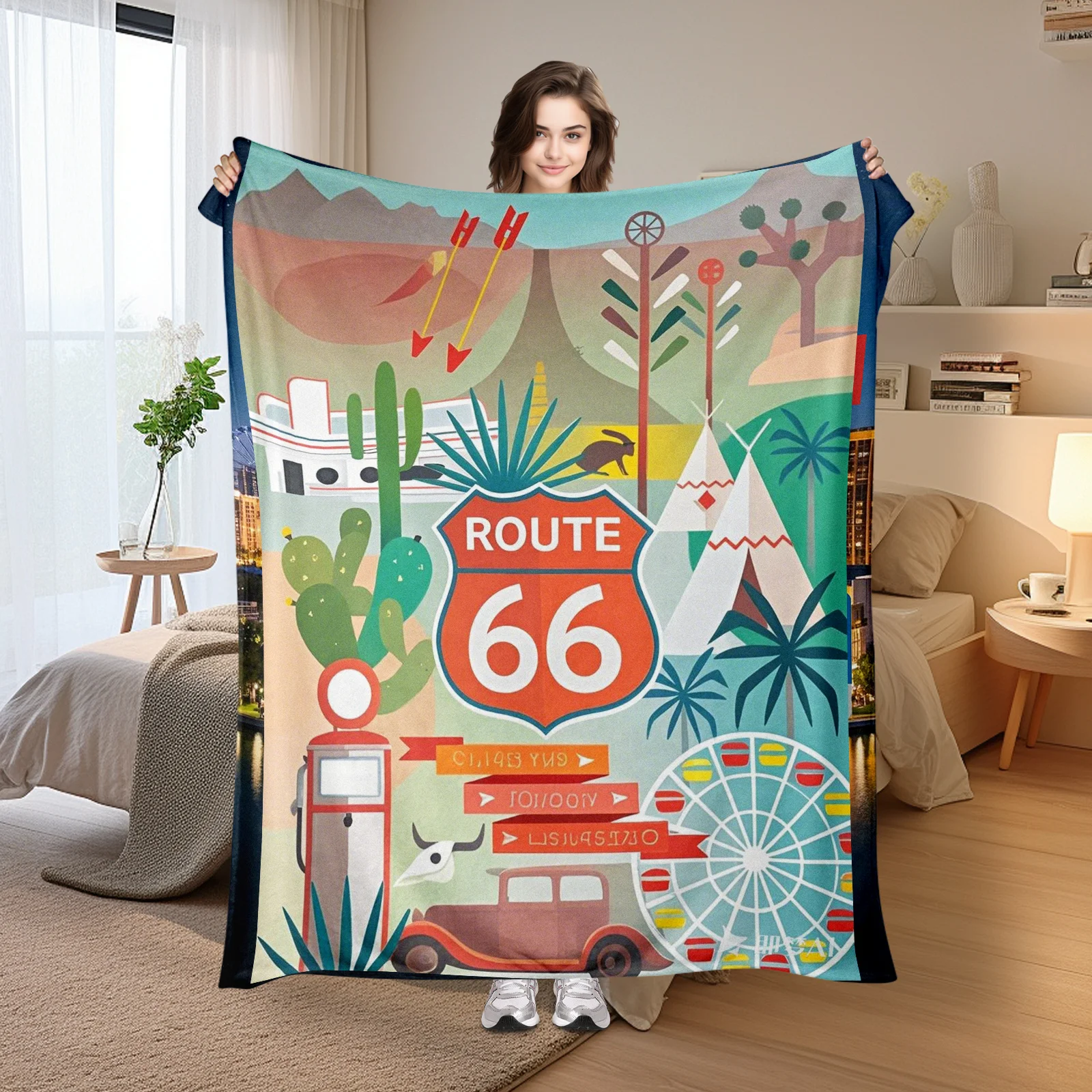 

Route 66 With Illustration Trees Car And Sign Design Blanket For A Nostalgic And Road Trip Inspired Home Decor