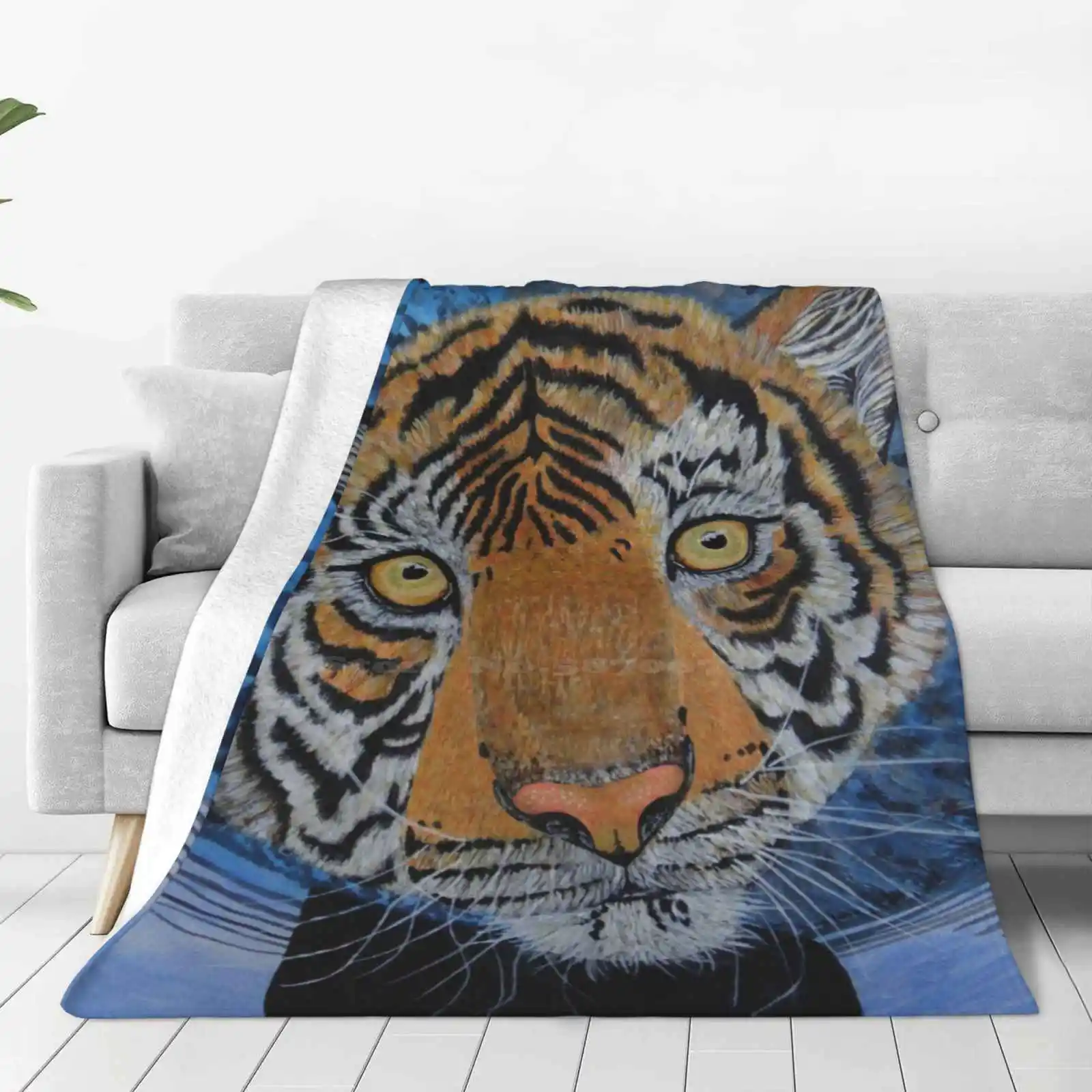 Swimming Tiger Shaggy Throw Soft Warm Blanket Sofa/Bed/Travel Love Gifts Tiger Floating Water Acrylic Painted Dear Hearted Head