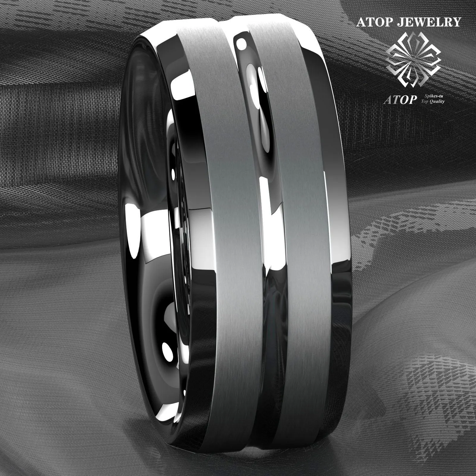 8mm Siver  Tungsten Men Channel Stripe Center Comfort Fit ATOP Wedding Band Ring