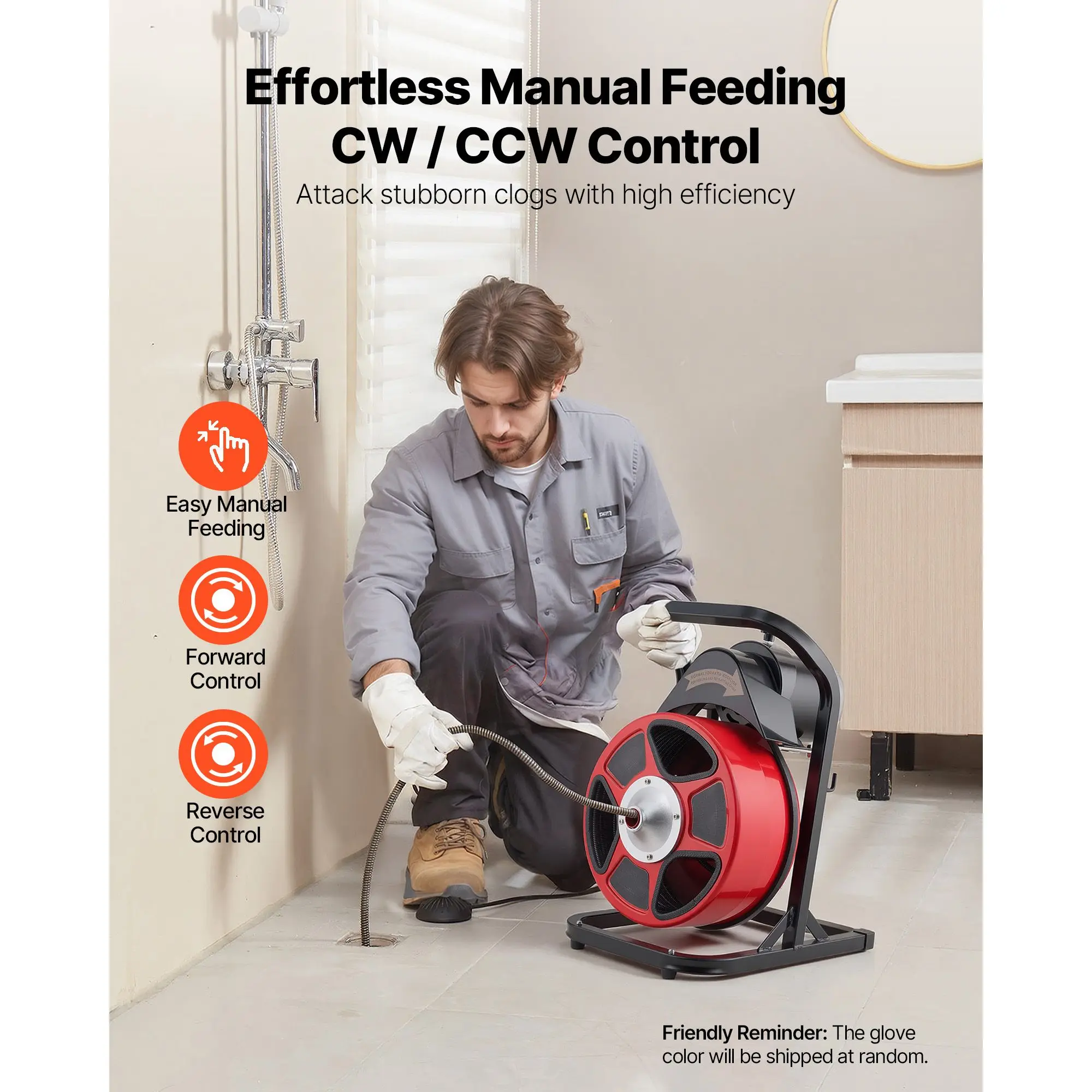 Drain Cleaner Machine 50 FT X 1/2 Inch, Manual Feed Sewer Snake Auger with 4 Cutters & Air-Activated Foot Switch for 2