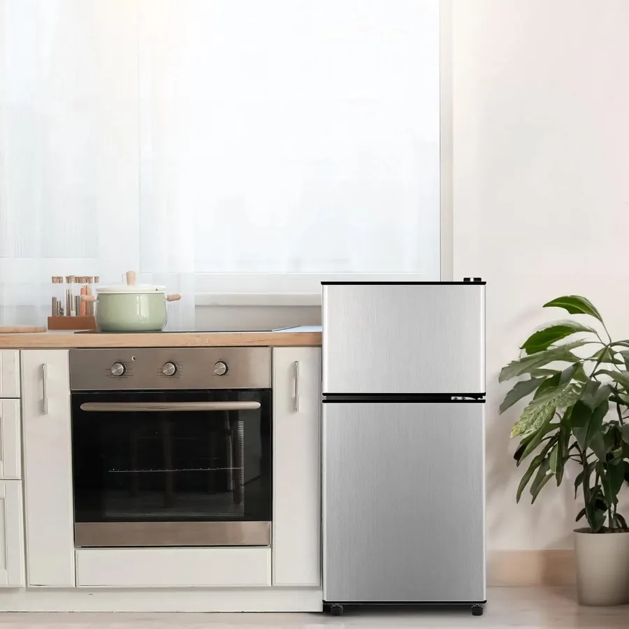 ثلاجة صغيرة مدمجة ببابين 3.2 قدم مكعب مع فريزر للشقة والمكتب والسكن العائلي ومرآب الطابق السفلي يستخدم فضي موفر للطاقة