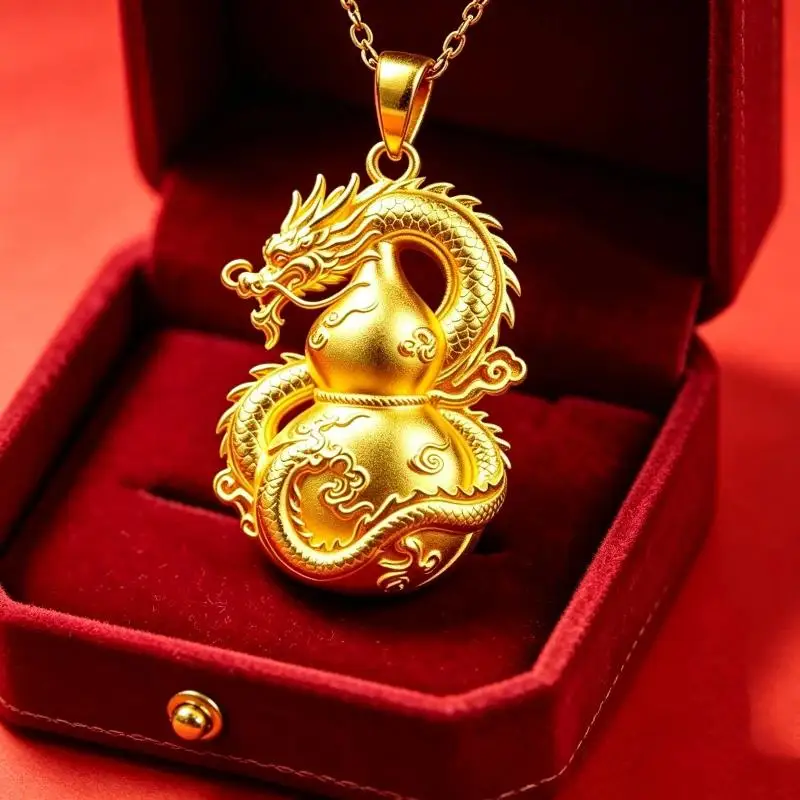 Gold Dragon Gourd Pendant Necklace With Intricate Carving Auspicious Symbolism Perfect For Daily Wear Gifting Jewelry