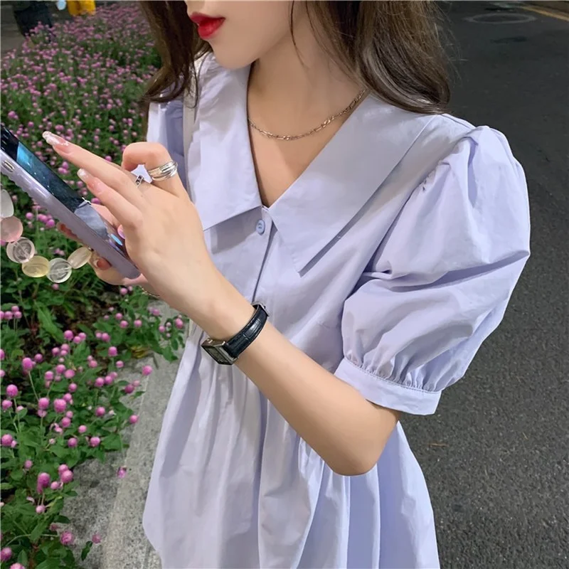 Dresses Women Preppy Sweet Simple Mini Summer Korean Style Puff Sleeve Elegant Lovely A-line Solid New Empire Ladies Casual Chic