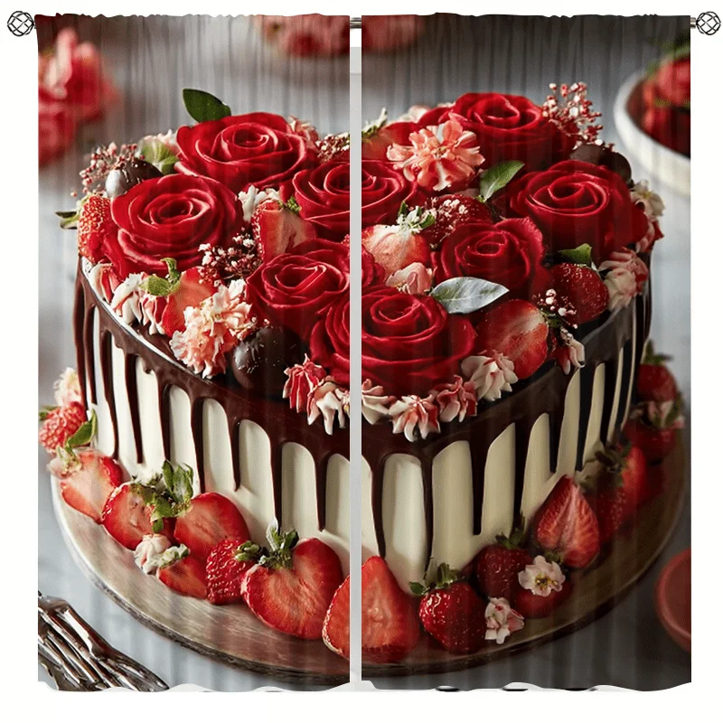 Decorative Cake Curtain Panels Roses Strawberries Floral Kitchen Dining Room Window Drapes Backdrop Luxury Food Art Home