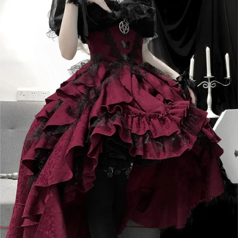 Dark Goth Wind Black Shirt Red Lift Skirt Suit Dress