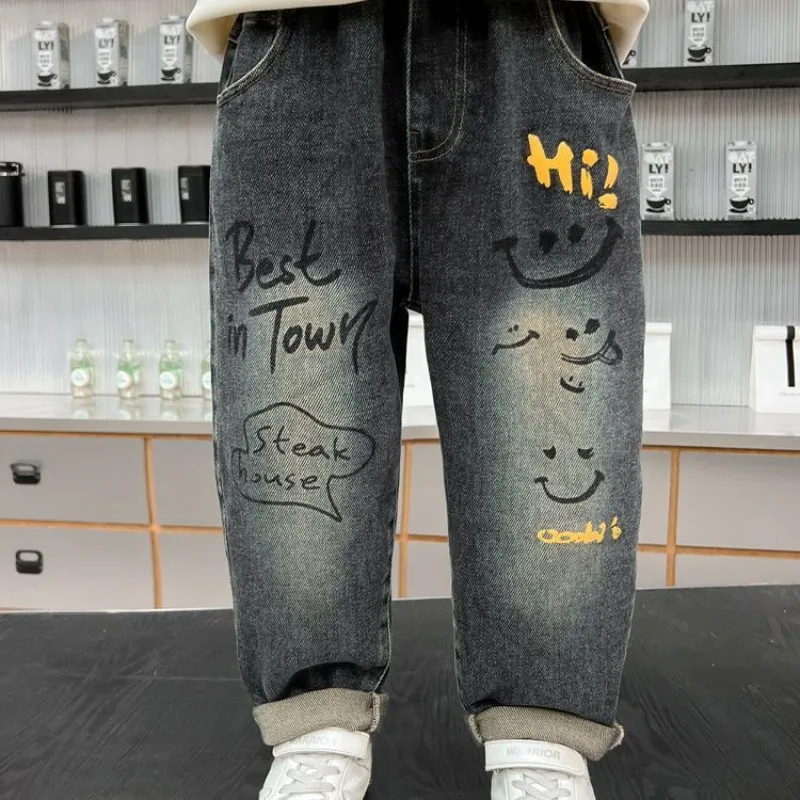

Мягкие джинсы премиум-класса для мальчиков, новинка 2024, весна-осень, повседневные спортивные штаны для мальчиков, модная уличная одежда