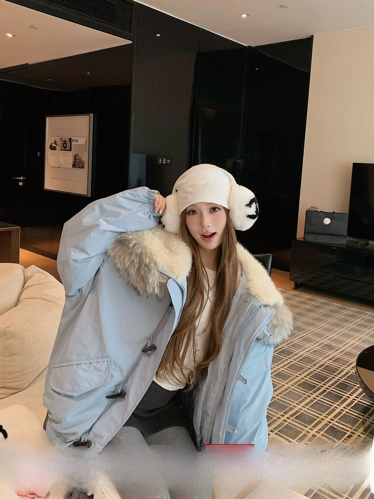 

Loose Warm Du down Jaet with Detachable Fur Collar And Button Closure for Women Casual Sle Winter Coat White Du Feather