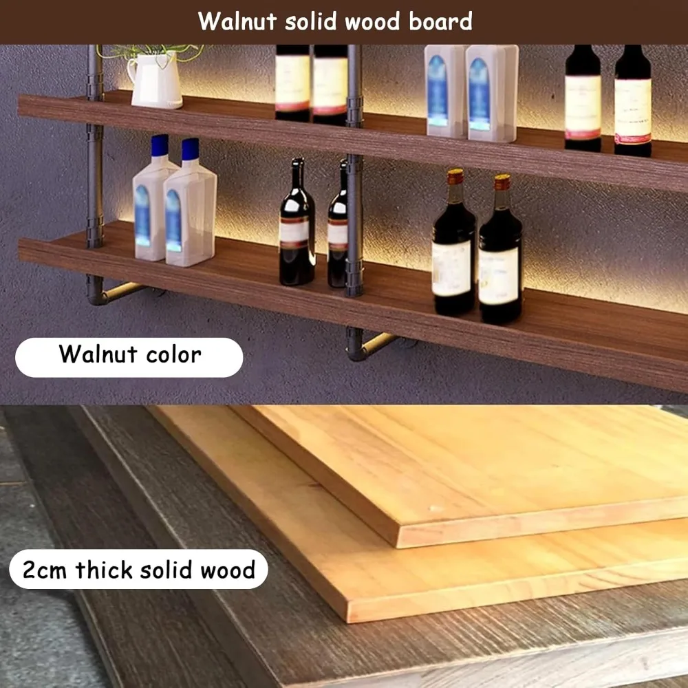 Large Wine Rack with LED Light Solid Wood Wall Mounted Wine Rack, 3-Tiers Liquor Bottles Floating Shelves Display Storage