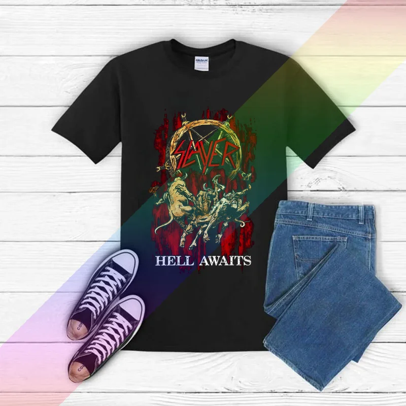 

2024 Men T Shirt Casual Slayers Hunter Music Enthusiast T-Shirt Hell Awaits Graphic Summer Short Sleeves 100% Cotton S-3XL Tee