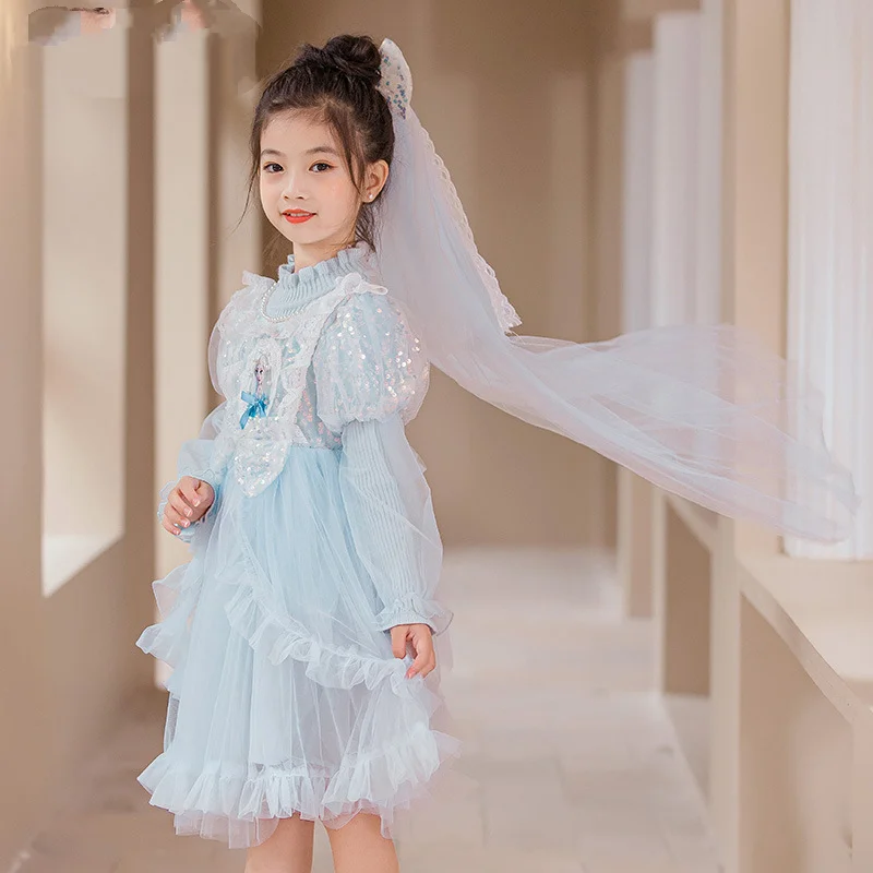 Girl Princess Elsa Dress Spring Mesh Sequins Long Sleeve Queen Costume Cosplay Lolita Dress Girls Birthday Party Dresses