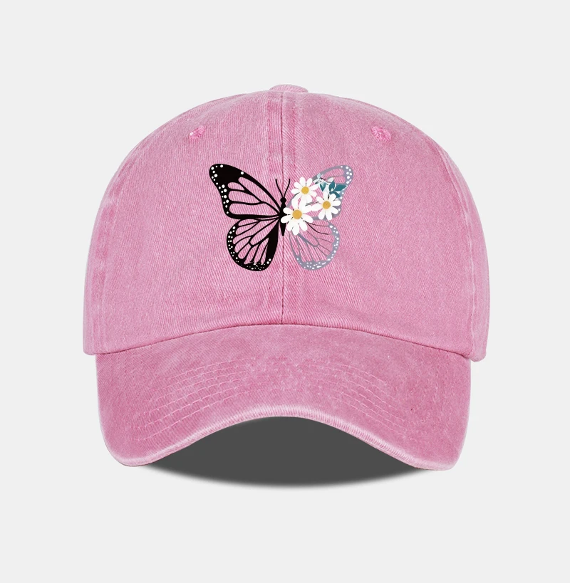 Gewaschene Baseballkappe mit Schmetterlings- und Gänseblümchen-Print – verstellbarer Unisex-Retro-Sonnenhut mit Blumenmuster, perfekt für Camping und Urlaub – Detail 4