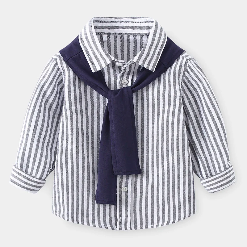 Spring Autumn Simple Casual Boys\' Long Sleeve Striped Shirt, Comfortable Cotton Kids with Shawl Top, 2 Colors, for Ages 3-8