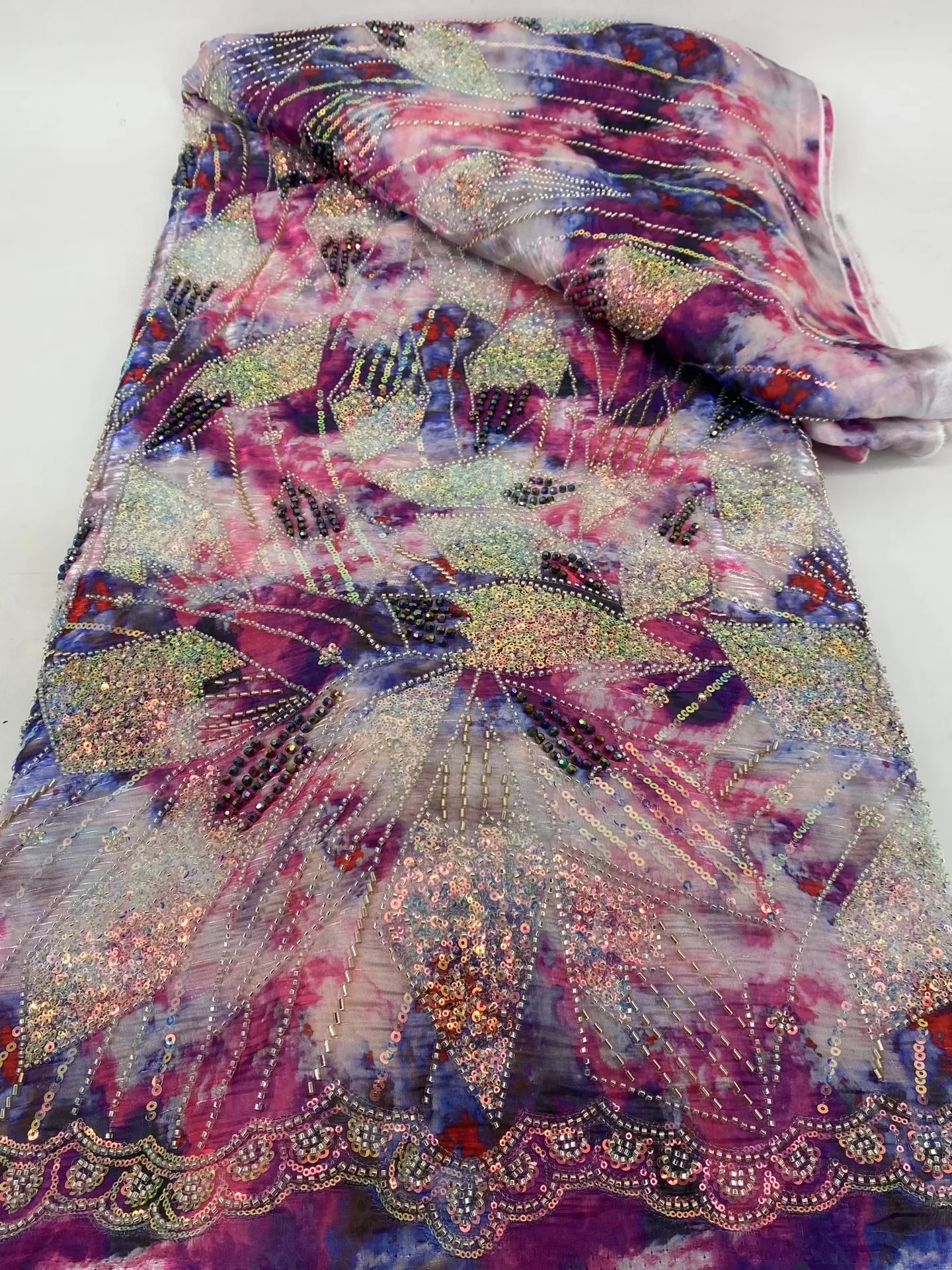 5 Yards Luxurious African Groom Sequins Lace Fabric High Quality French Embroidery Heavy Beads Lace Nigerian Sewing Dress H63-1