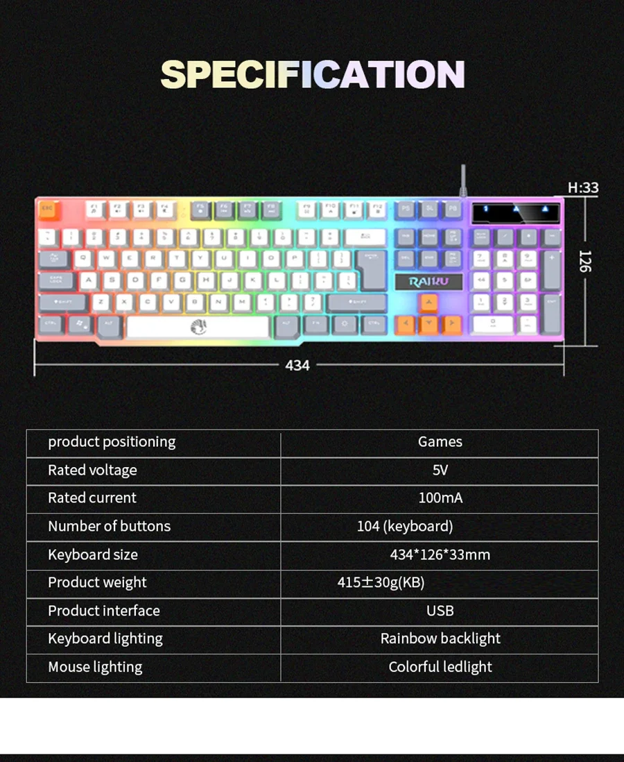 Single Keyboard and Keyboard Mouse RAIKU T26 Three Tone Luminous Keyboard Mouse Wired Mechanical Touch Gaming Mouse Keyboard Set