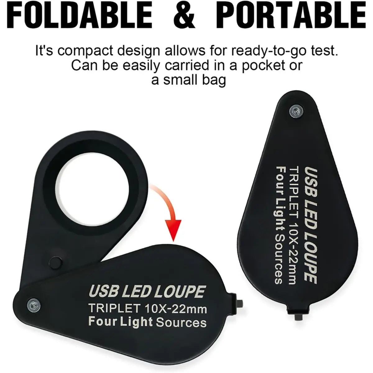 Budget-Friendly-10X Rechargeable Jewelers Loupe with UV & LED Lights 4 Light Modes,22mm Triplet Lens Folable Eye Loop Magnifier
