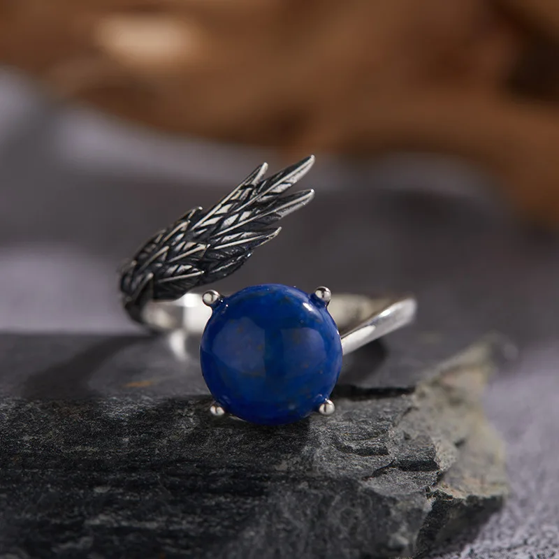 S925 Sterling Silver Natural Peacock Stone Agate Colorful Treasure Thai Silver Ring Women Feather Design Adjustable Punk Style