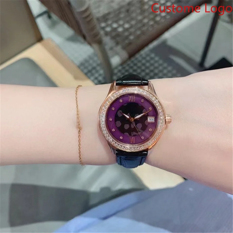 Unique Purple Gradient Dial Ladies Watch Full Crystal Bezel Calendar Rose Gold Case Glossy Black Leather Band Fashion Female Quartz Clock