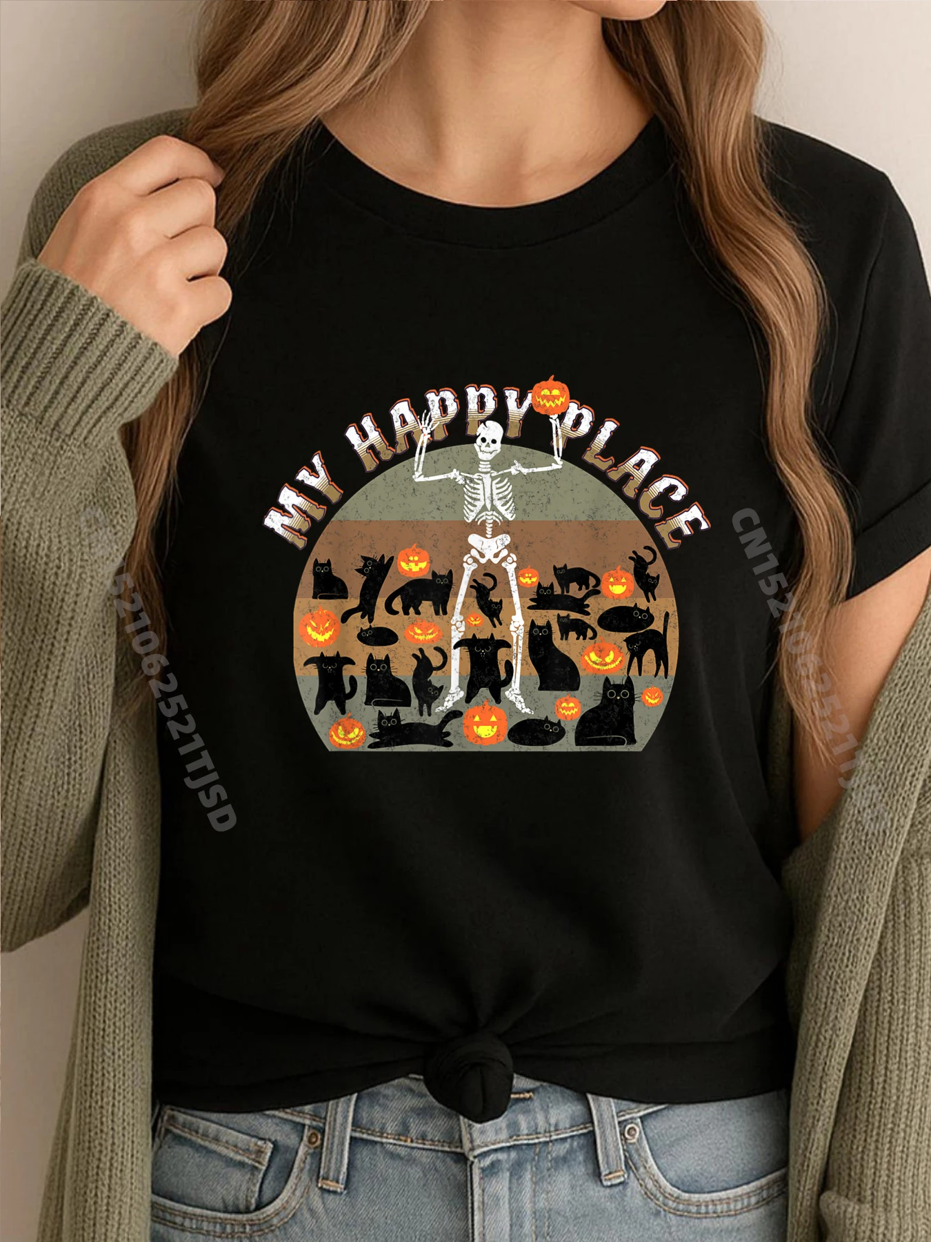 

Кот Скелет Тыква Ретро Черные Кошки Хэллоуин Череп Уличная Одежда Женщина Мужчина Одежда Футболки Дизайн