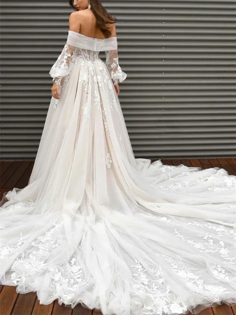 Vestidos de novia personalizados 2025, mangas largas abullonadas, apliques con hombros descubiertos, corte en A, vestido de novia de lujo, vestido de novia