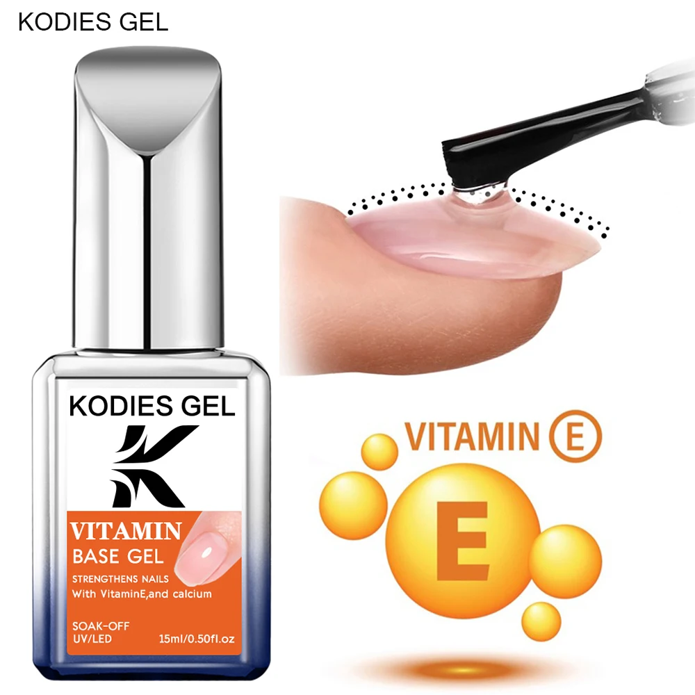 KODIES GEL Vitamin E Rubber Base Gel Nail Polish Clear Strong Base Coat Semi Permanent UV Soak Off Healthy Repair Gel Manicure