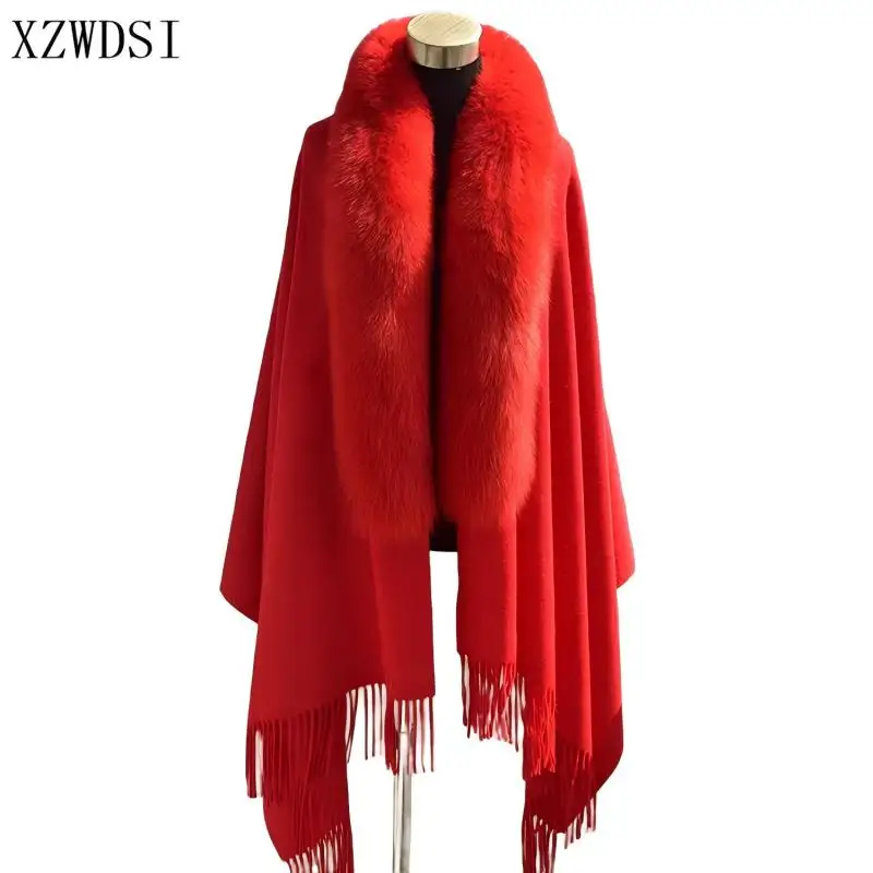 

Women's Oversize Double-Sided Wool Cape Real Fox Fur Trimmed Poncho for Lady Winter