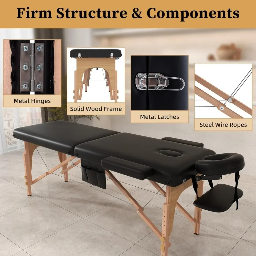 휴대용 마사지 테이블, 2 섹션 접이식 문신 침대, 높이 조절 가능한 나무 프레임, 액세서리 운반 가방, 마사지 침대