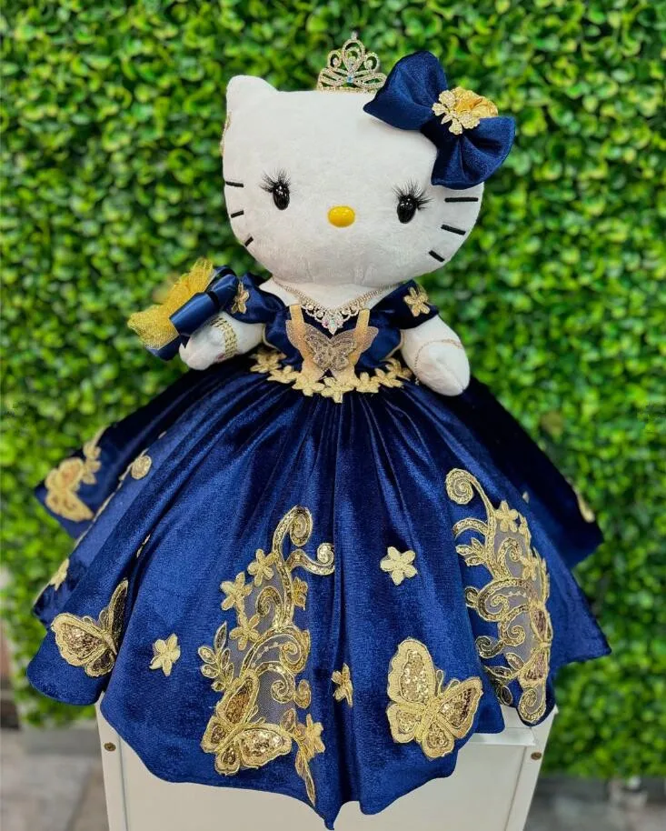 Navy Blue Velvet Mini Quinceanera Dresses Gold Applique Butterfly Doll Bear Cute Custom Little Princess Flower Girl Dress