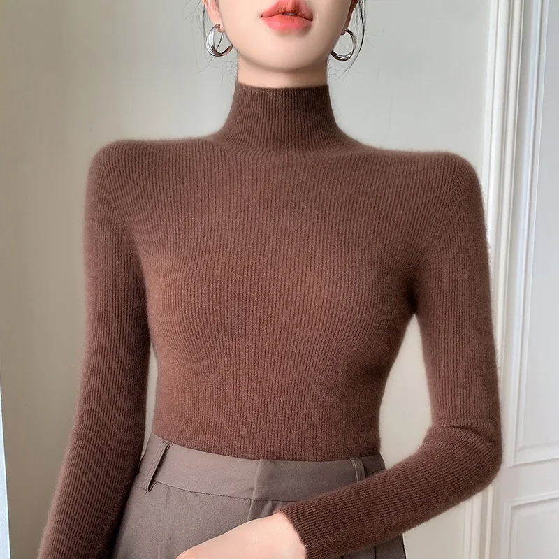 Autumn and winter new 100% pure wool women's semi-turtle neck with slim temperament bottoming sweater.