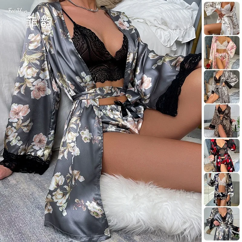 Fashion Design Nightgown Women Spring Summer Sexy Lace Cardigan Home Clothes Bathrobe Female Chic Floral Pajamas Ladies Homewear