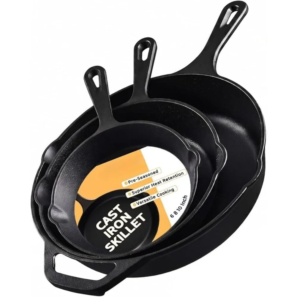 EWFEN Cast Iron Skillet 3-Piece Set, Heavy-Duty Professional Restaurant Chef Quality Pre-Seasoned Pan Cookware Set, 6