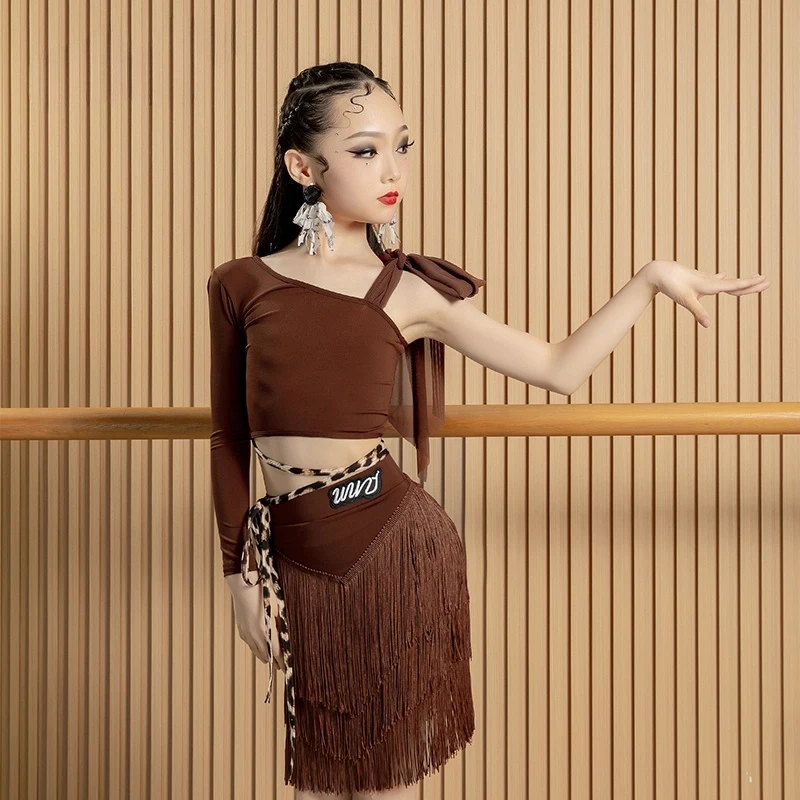 Cha-cha danceLatin danskostuum meisjes oefenkostuum nieuwe kinderprestaties kwastje rok wedstrijdregulatie kostuum