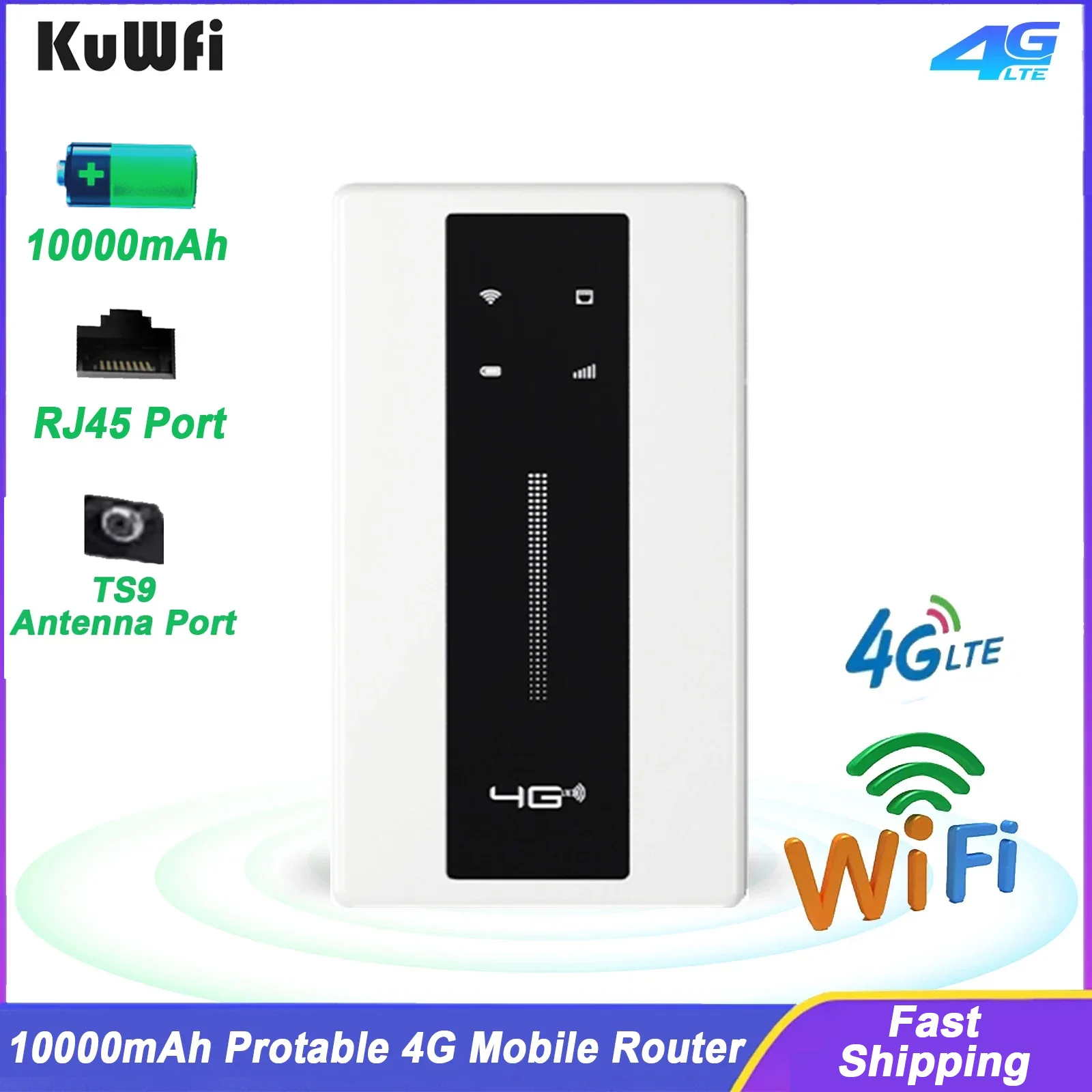 

KuWFi 4G Mobile Router Wireless Wi-Fi Router 10000mAh 4G LTE Outdoor Travel Portable Hotspot Modem Support WPS RJ45 Connect