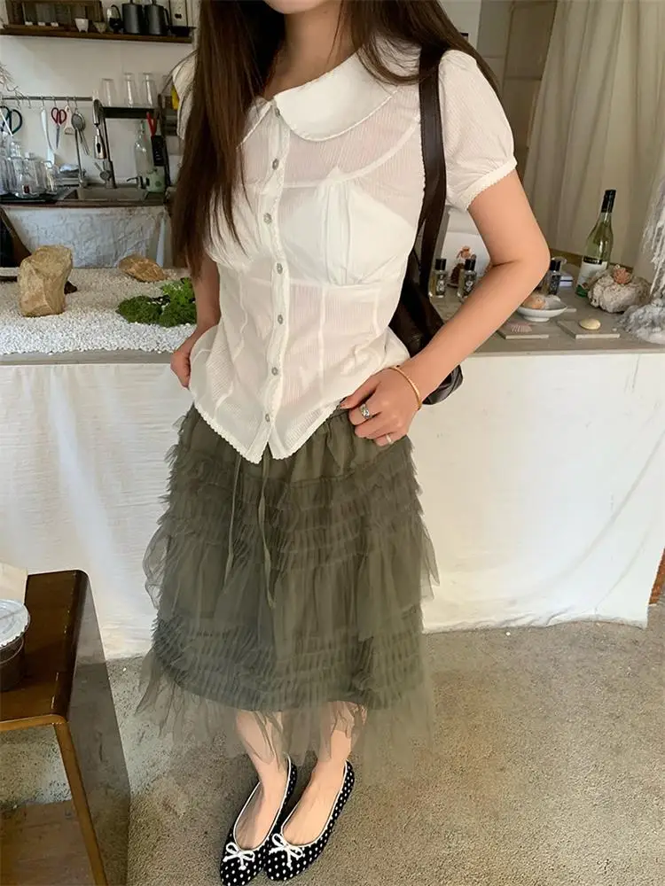 Romantic Multi-Layered Tulle  Skirt Women's 2026 Design Puffy Small Size Half Skirt High Waist A-Line Casual Style
