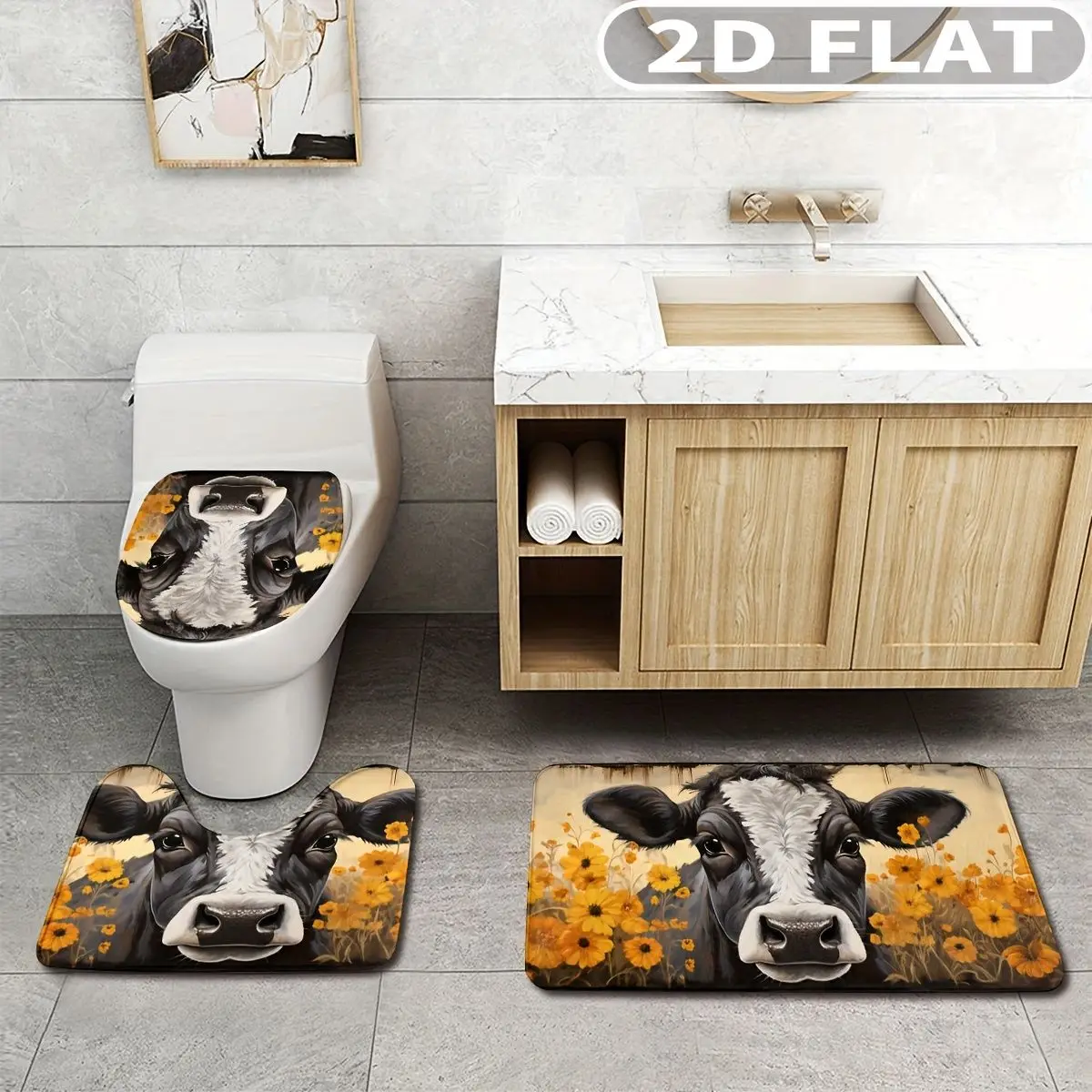 

3pcs Bathroom Rug Set Cow Face With Yellow Flowers 3pcs Bath Mats Set for Bathroom Non-Slip Cover Mat