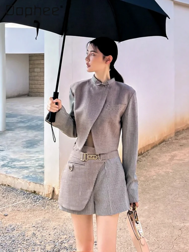 

Fashion Commuter Style Plaid Splicing Suit Spring New High End Retro Short Jacket Wide Leg Pants Two Piece Sets Womens Outifits