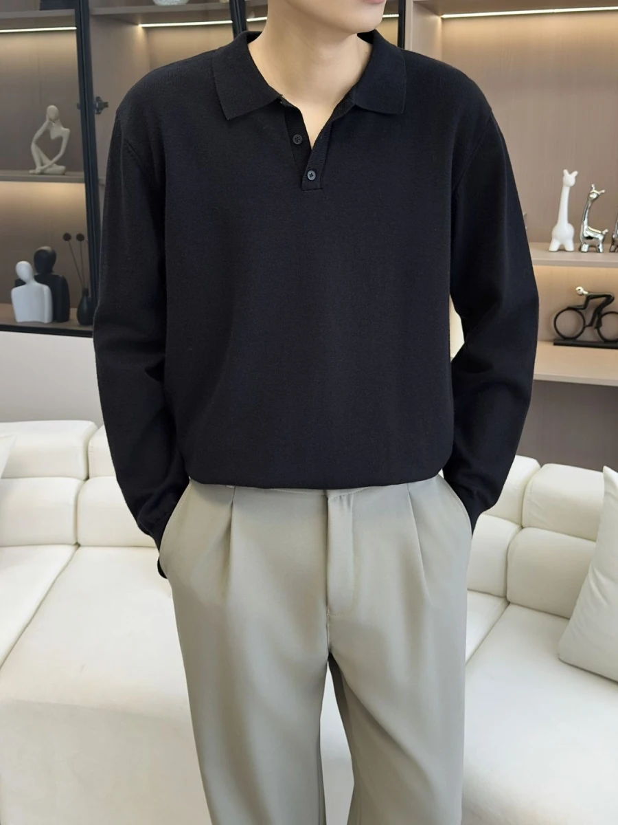 

Men's Casual Long Sve Knitted irt Bla Turn-down Collar Comfortable Soft Cotton High-quali Faionable Top