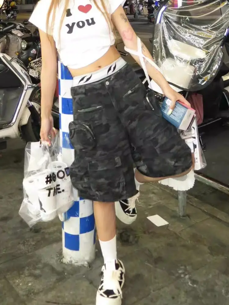 

American Vintage Hiphop Wash Cargo Pants Female Summer Hottie Multi-pocket Cropped Pants Korea Fashion Design Casual Trouser New