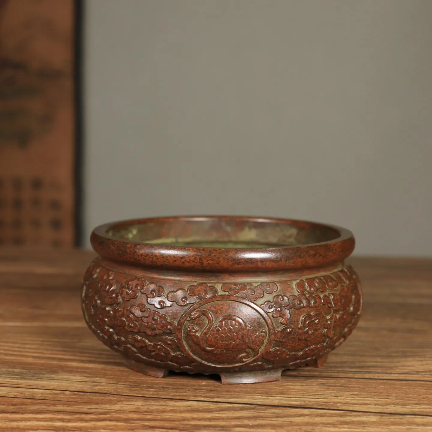 Vintage Handmade Copper Four Divine Beasts Treasure Basin Feng Shui Decor