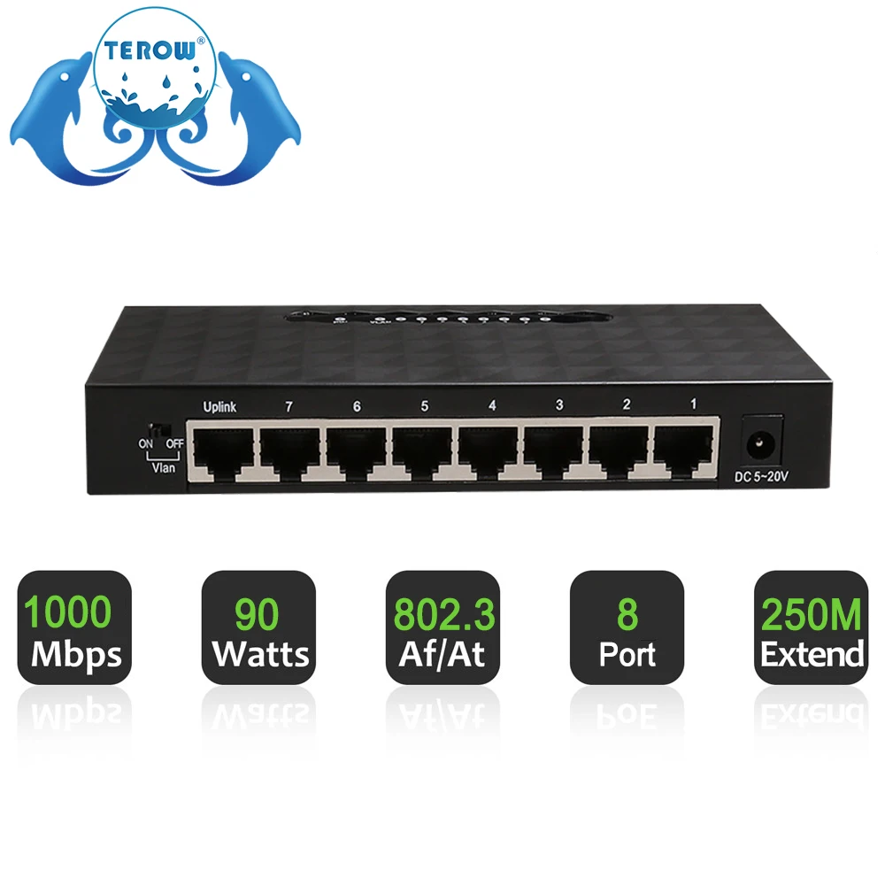 Switch Gigabit TEROW Link TE197 8 port 100/1000Mbps  8 Fast Ethernet Switch with VLAN Power Supply for Camera