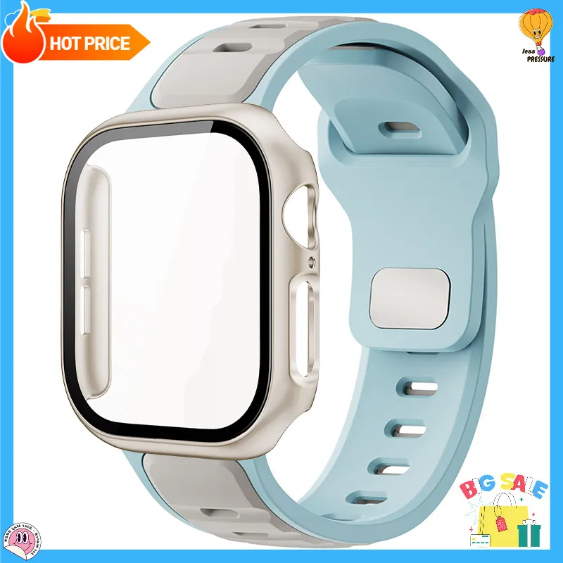 2-in-1 Silikon-Sportarmband + Bildschirm-PC-Hülle für Apple Watch Series 11 10 9 8 7 6 5 4 SE 3, weich, für iWatch 46mm 42mm 45mm 44mm 49mm