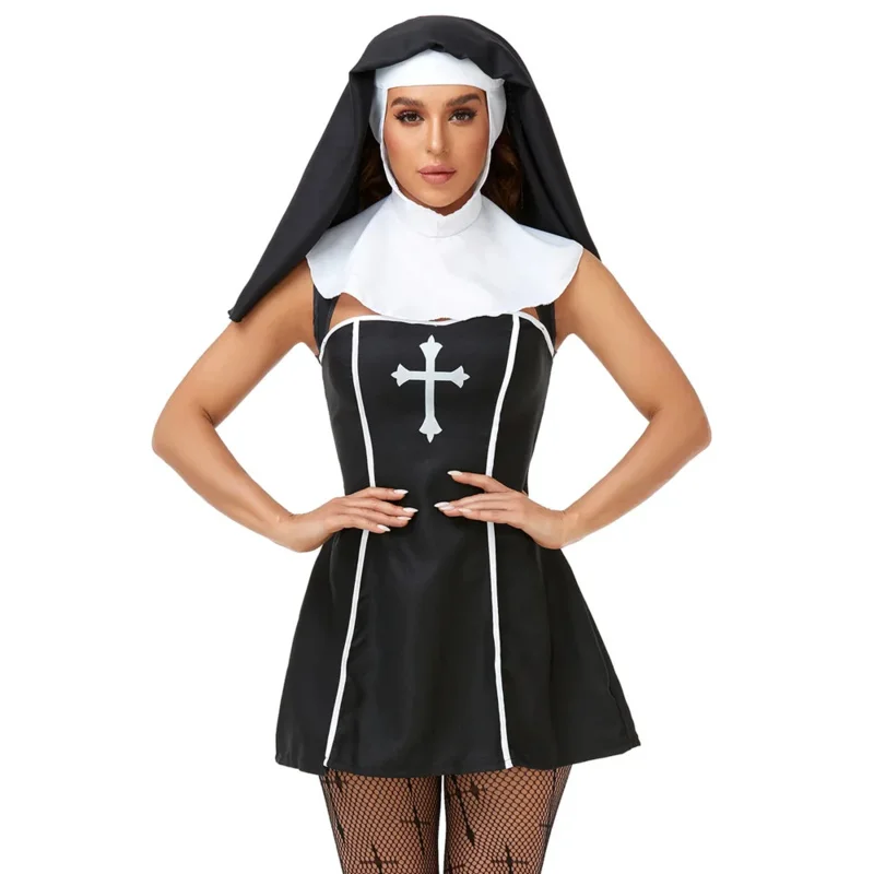 Halloween nun costume dress headdress sleepveless short dress cosplay costume vampire clothing printed crucifix cos stage outfit