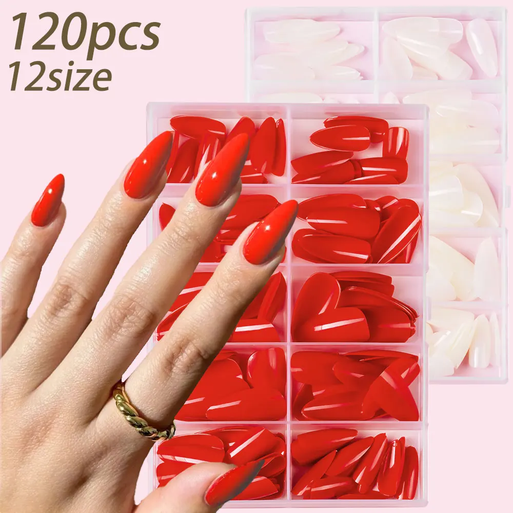 

120pcs Cherry Red/Milky White Press on Nails Short Almond White Nails Detachable Solid Color Sweet False Tip 12 Sizes Fake Nails