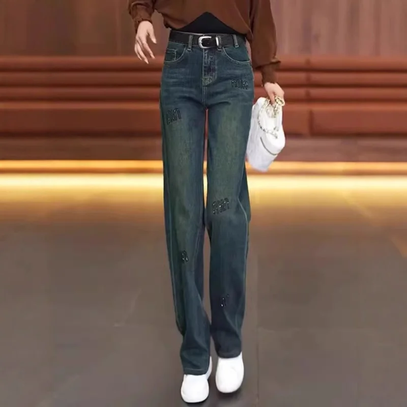 

Cement Gray Wide-Leg Jeans for Women, Spring and Autumn High-Waisted Versatile Rhinestone Casual Slim Straight Pants