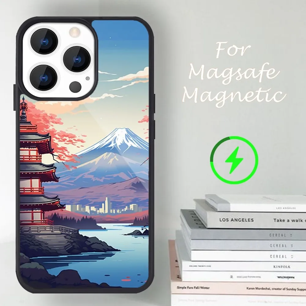 Japanese Aesthetic Moun Fuji Phone Case For iPhone 14 13 12 11 15 Pro Max Magsafe Magnetic