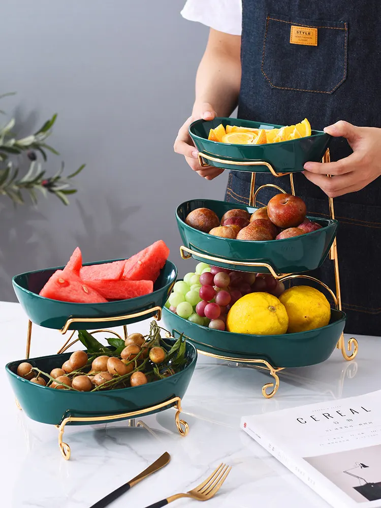 Imagem -02 - Nordic Luxo Cerâmica Fruit Bowl Household Plate Snack Basket Tea Table 2-nível Três Camadas Artesanato Decoração de Casa Sala de Estar