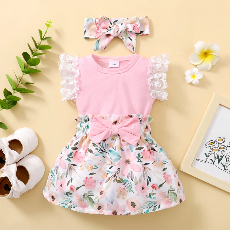 0-18 Months Newborn Baby Girl Summer Daily Clothes Set Fly Sleeve Romper Top+Flowers Skirt+Headband Lovely 3PCS Outfits for Baby