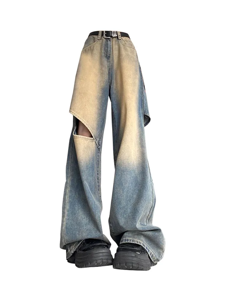 

Harajuku Fashion Wide Leg Pants Ripped Hole Full Length Cotton Denim Jeans High Street Hiphop Straight Women Casual Streetwear