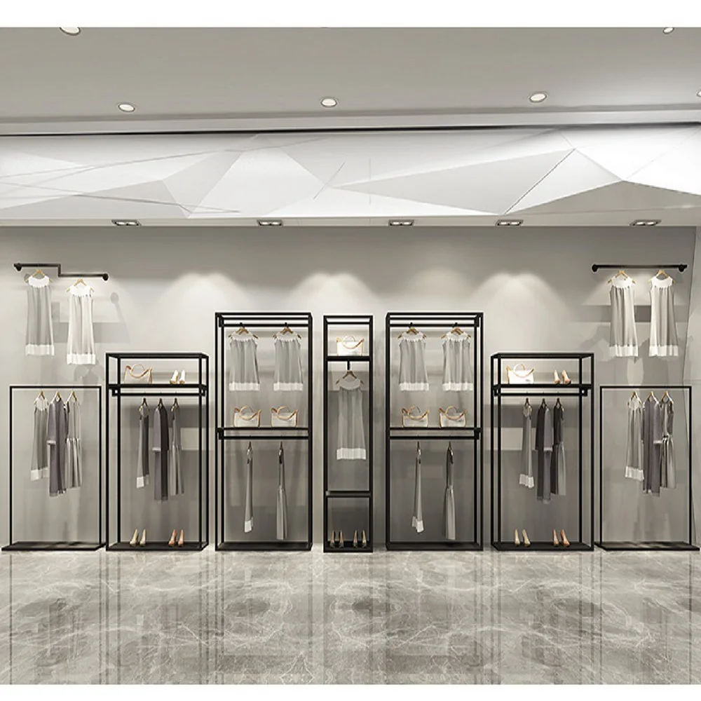 

Clothing Store Display Rack Double Layer Hanging Hanger Men's and Women's Gold Clothing Store Shelf Wrought Iron Display