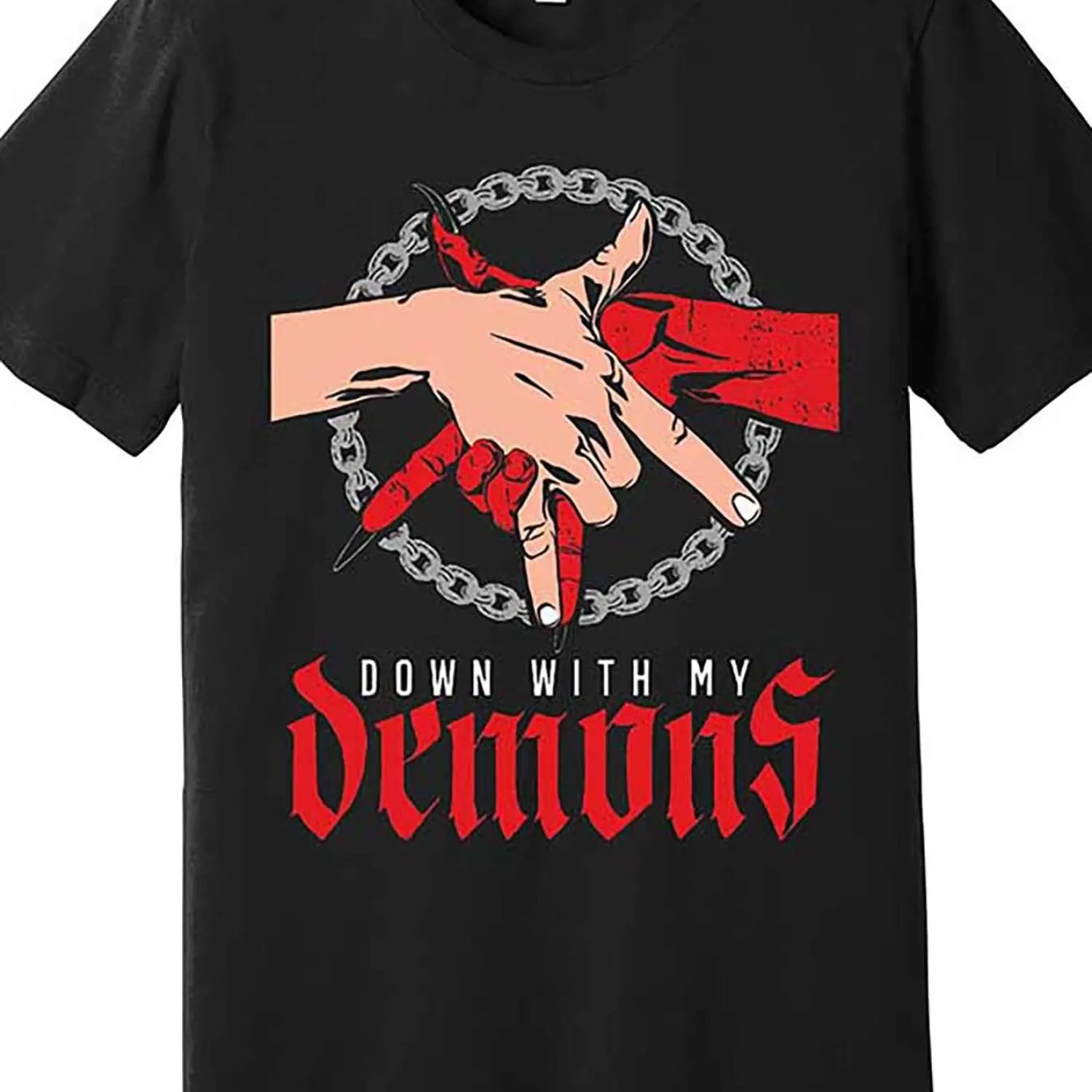 Camiseta gráfica "con mis demonios" para hombre – Camiseta negra de manga corta con estampado gótico rojo y blanco audaz, cuello redondo informal perfecto